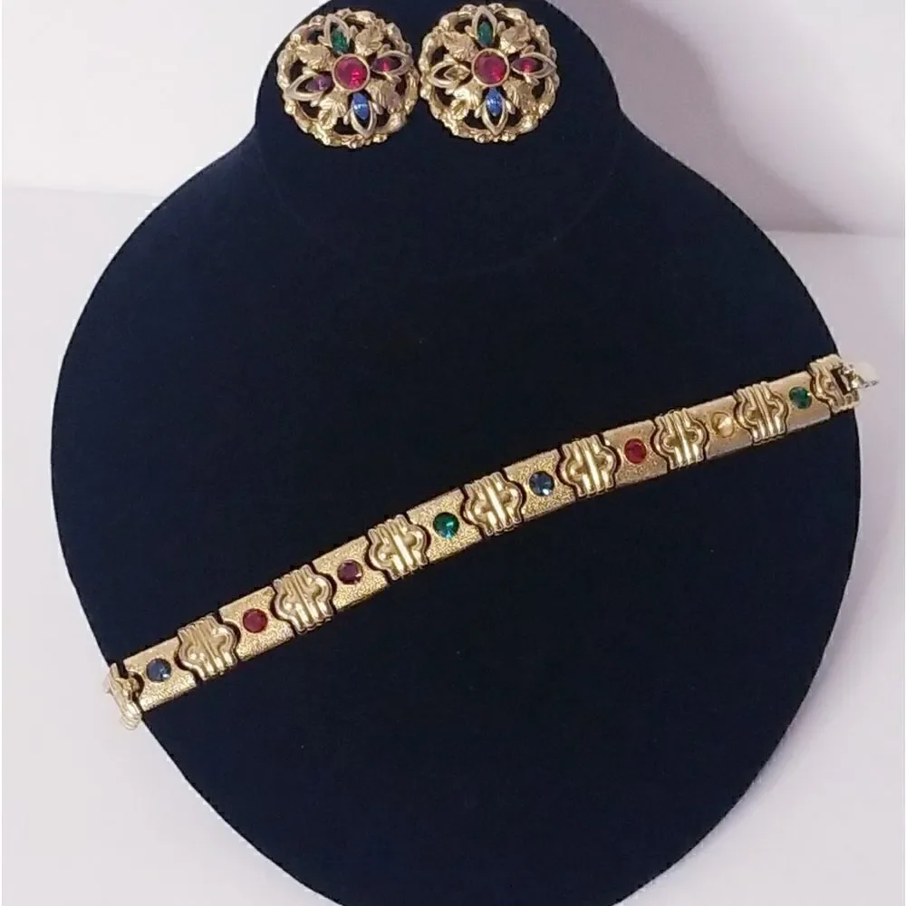 Vintage gold rhinestone panel link bracelet And Matching Earrings Set
